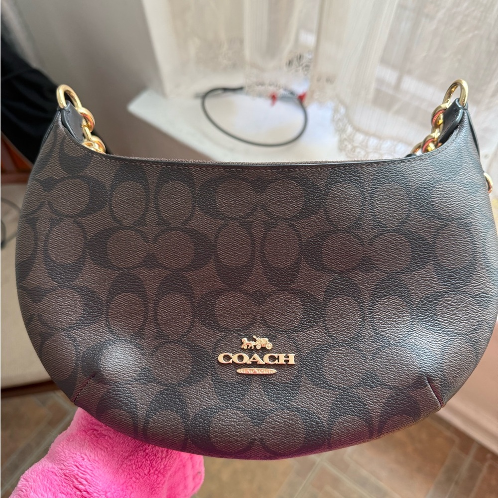 Coach Brown and Black Signature Crescent Shoulder Bag with Gold Hardware